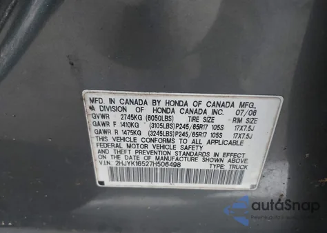 2007 Honda Ridgeline Rtl из США, поврежденный, VIN 2HJYK16527H506498